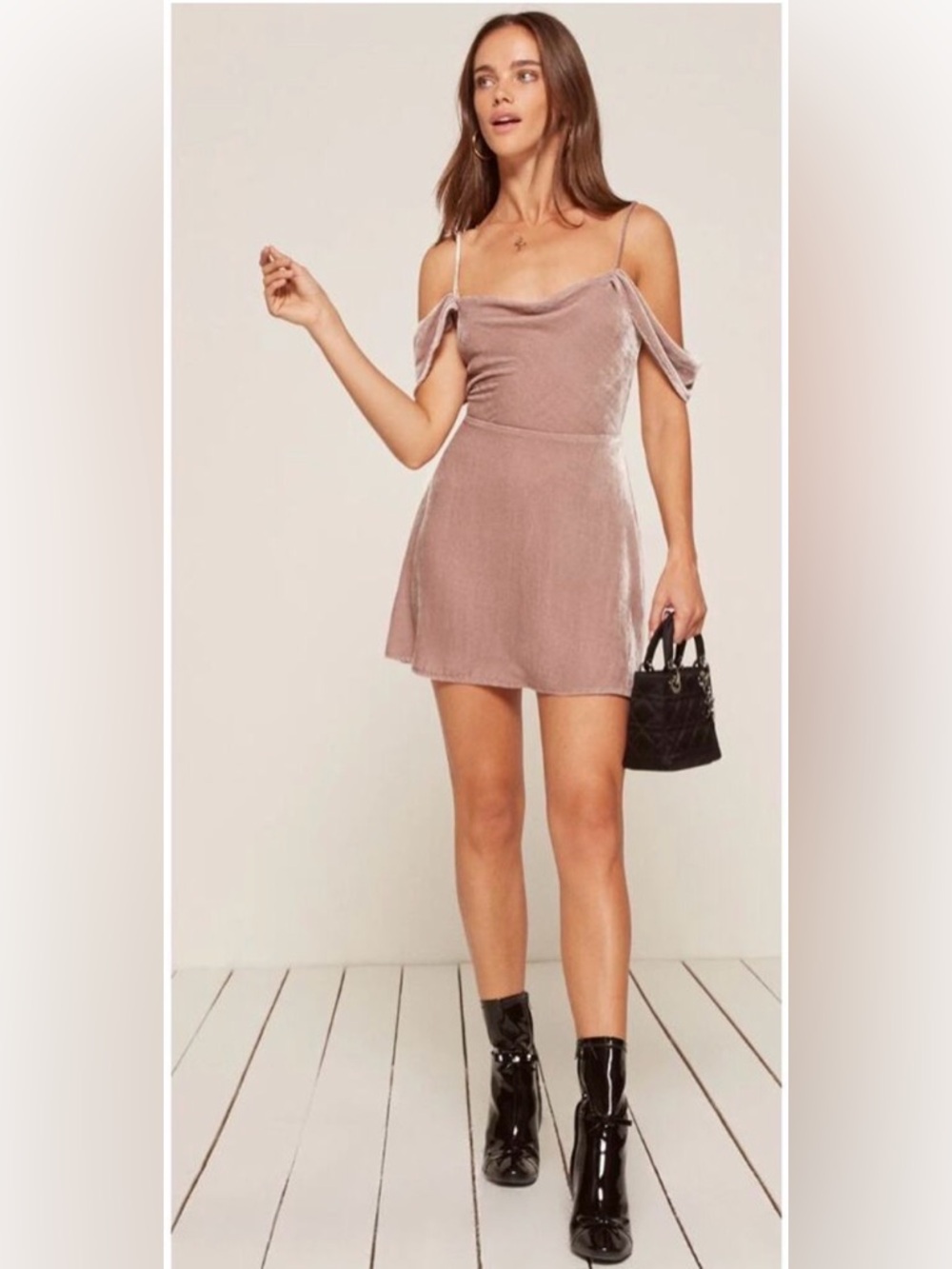 Reformation Velvet Off-Shoulder Mini Dress in Blush